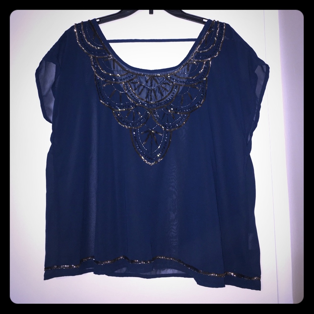 NWOT Decree sheer navy blue embellished top