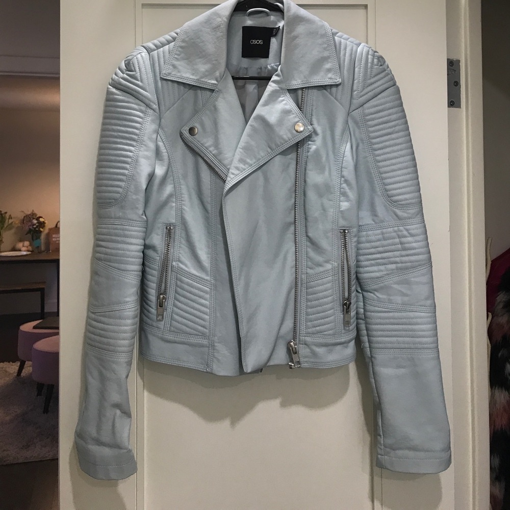 Powder blue leather moto jacket