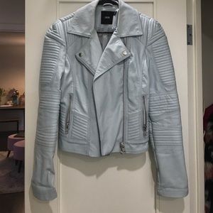 Powder blue leather moto jacket