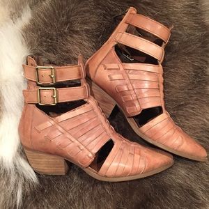 Tan leather cutout ankle boots