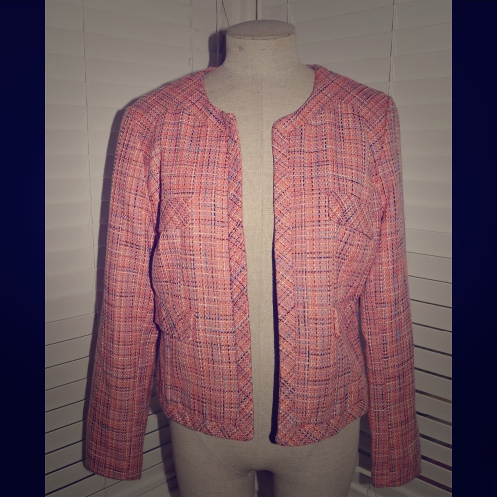 Cropped Open Front Pink Tweed Blazer