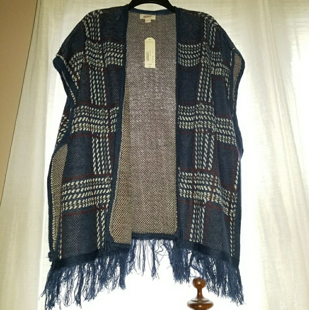 Plaid/Navy Sweater Poncho