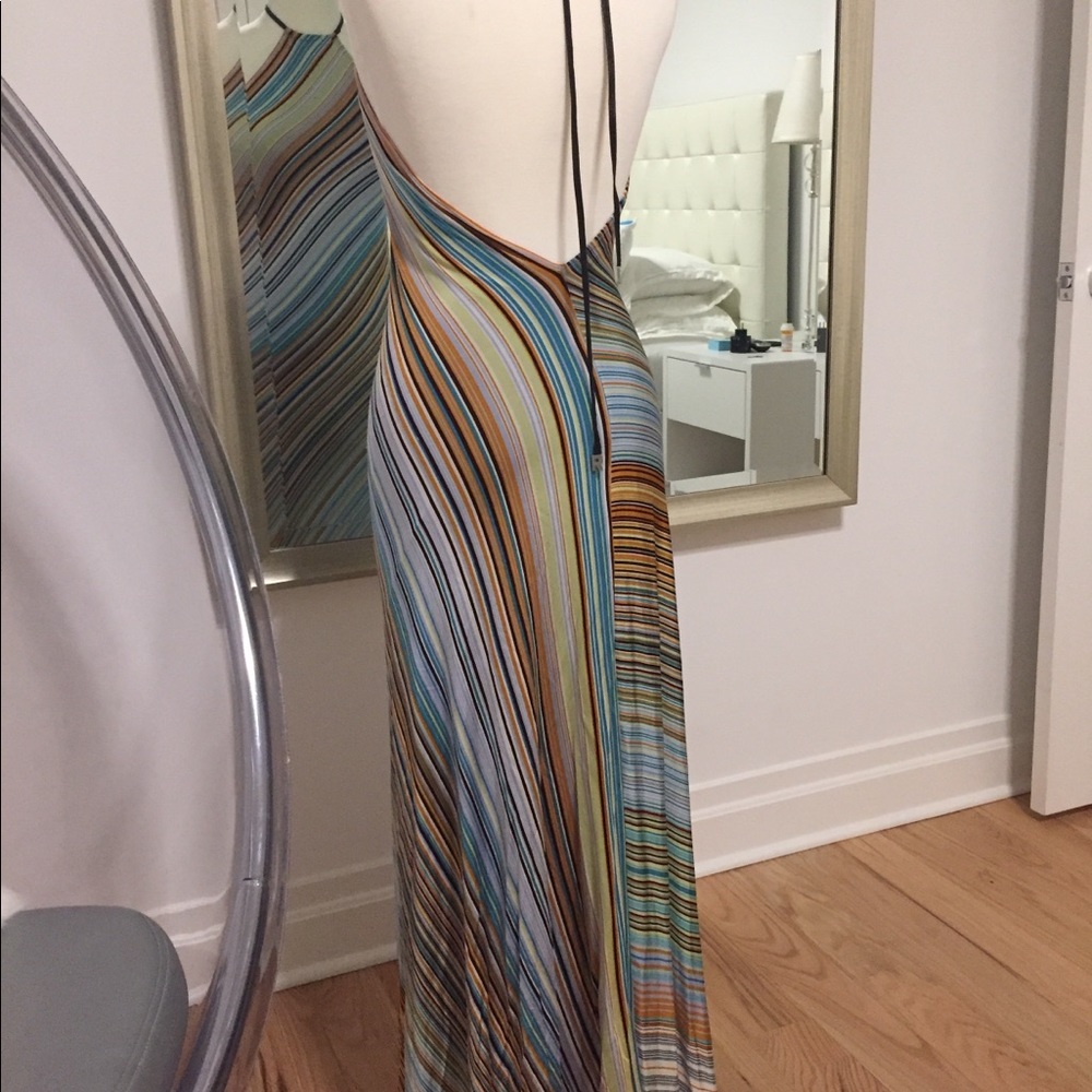 Deep-V backless multi stripe long dress
