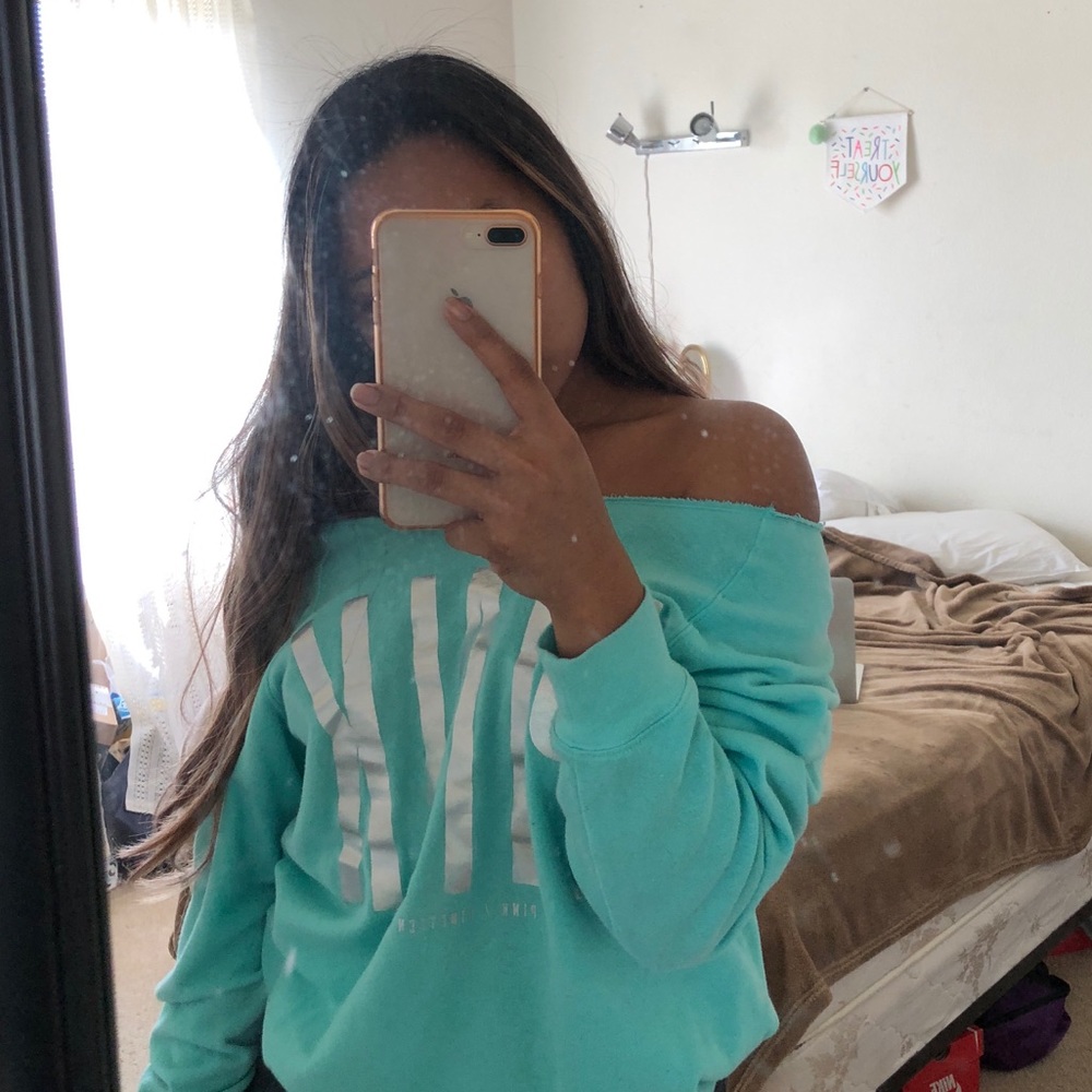PINK VS Holographic Off The Shoulder Sweater