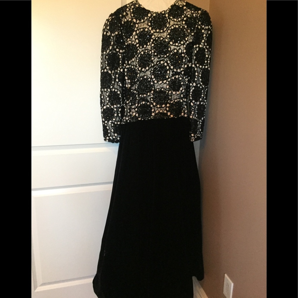 Black and cream velvet and sequin fitted gown