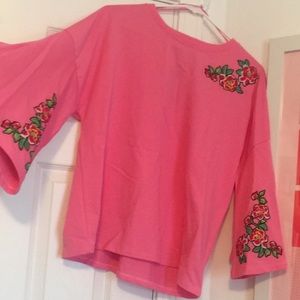 Embroidered Bright Pink Bell Sleeves Top