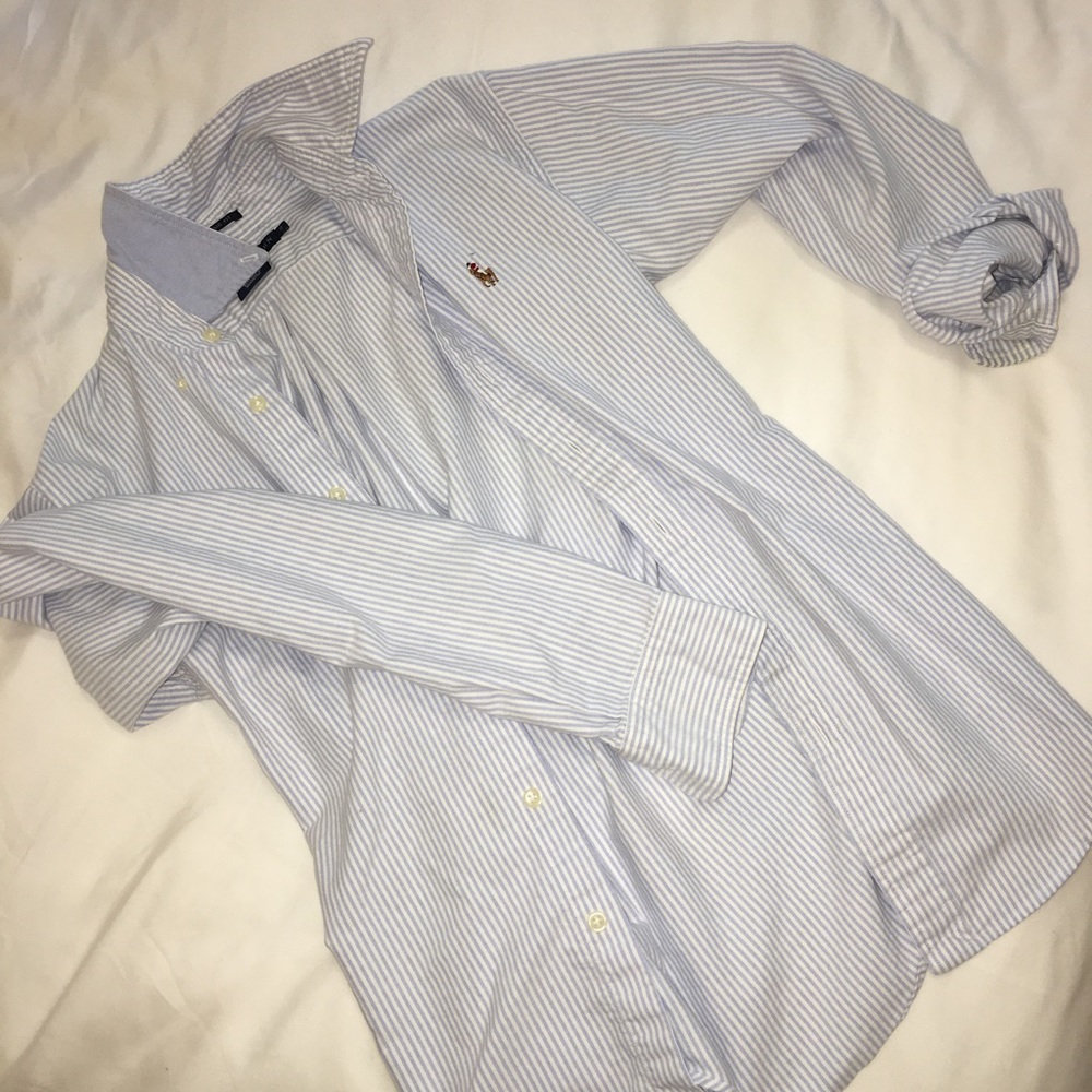 Pinstriped relaxed fit button-down.