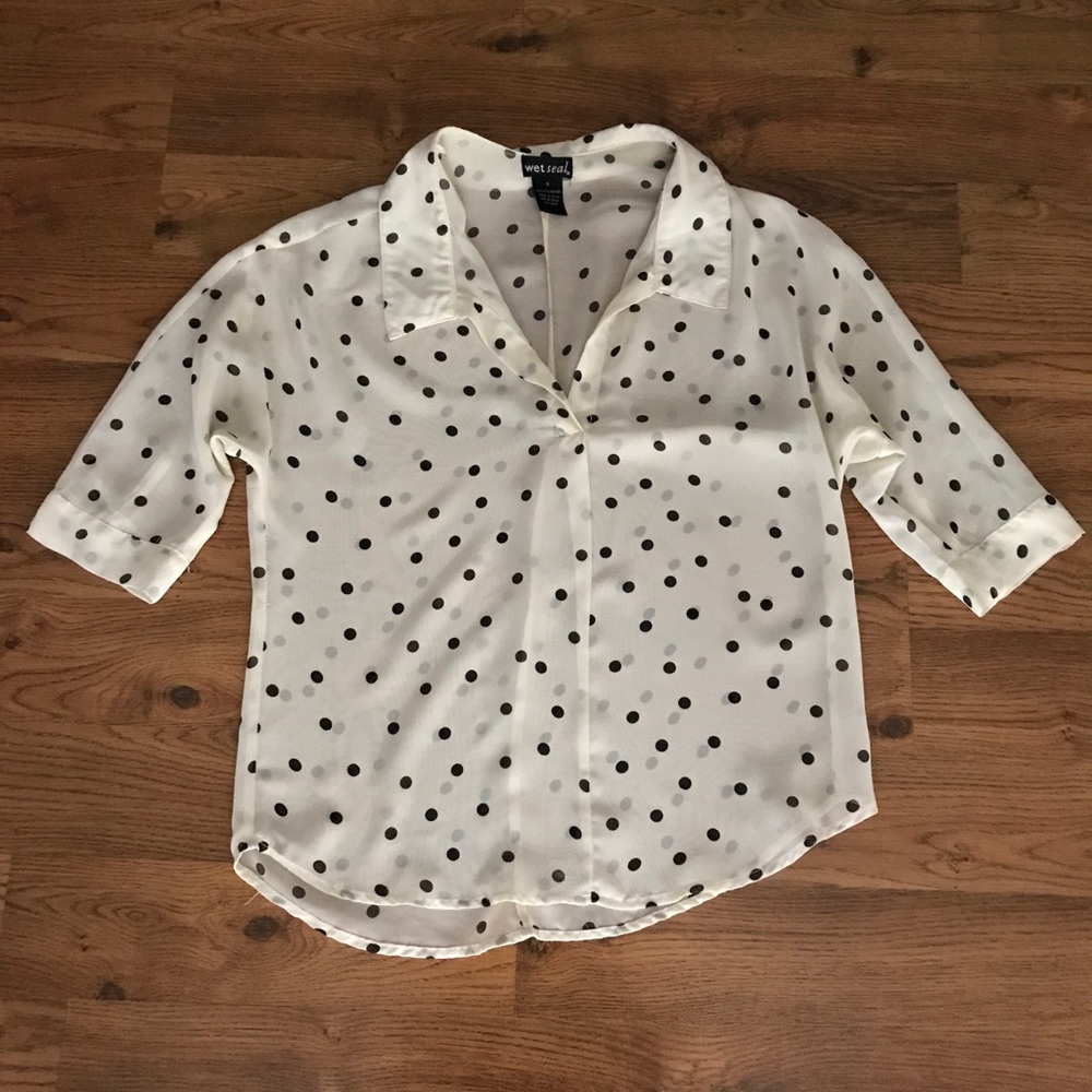 White and black polka dot sheer blouse