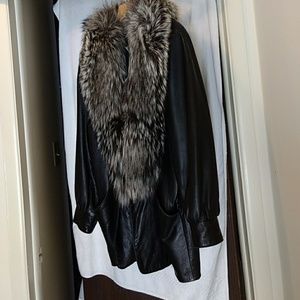 Black Leather with Silver Fox Collar Jacket