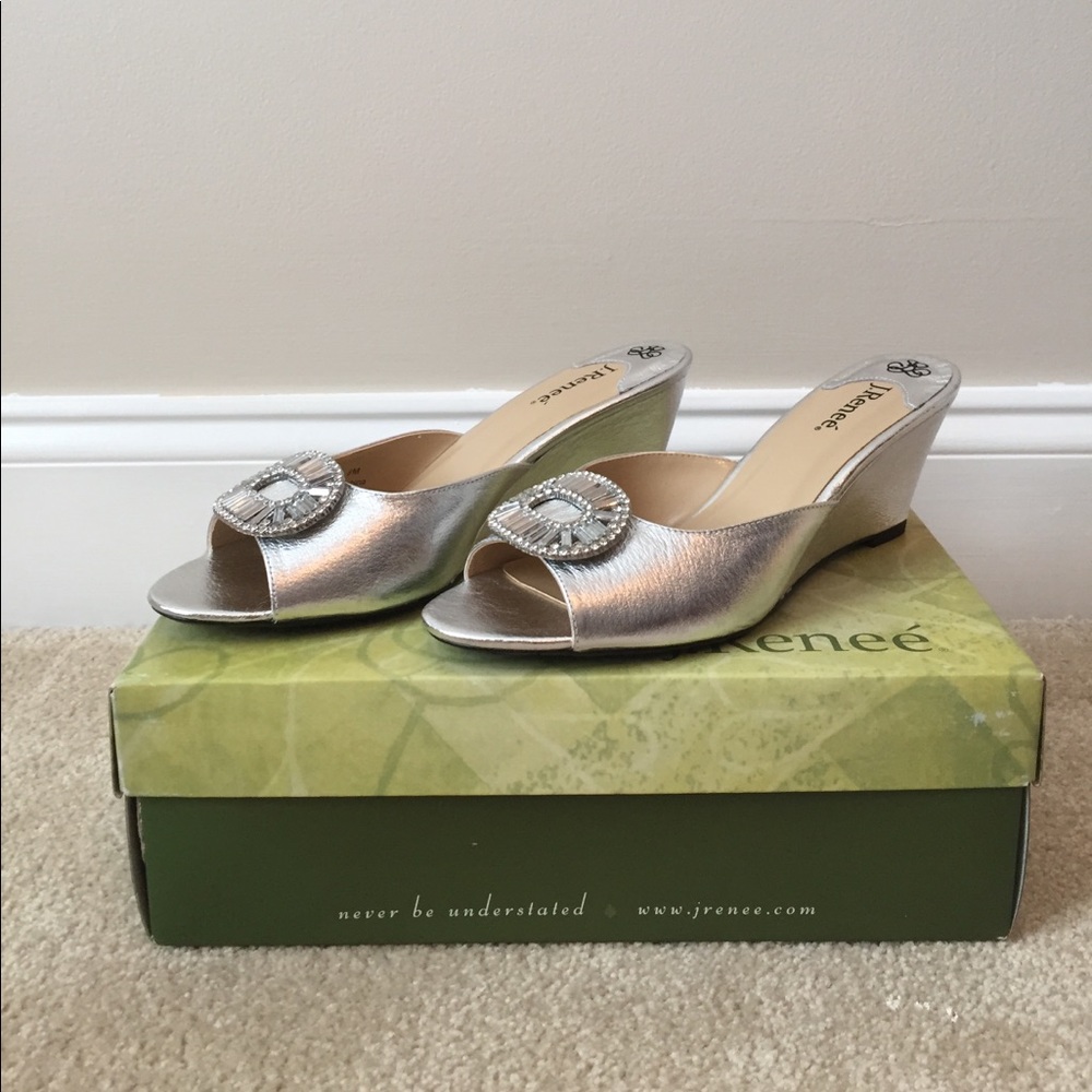 J. Renee silver peep toe wedge sandals