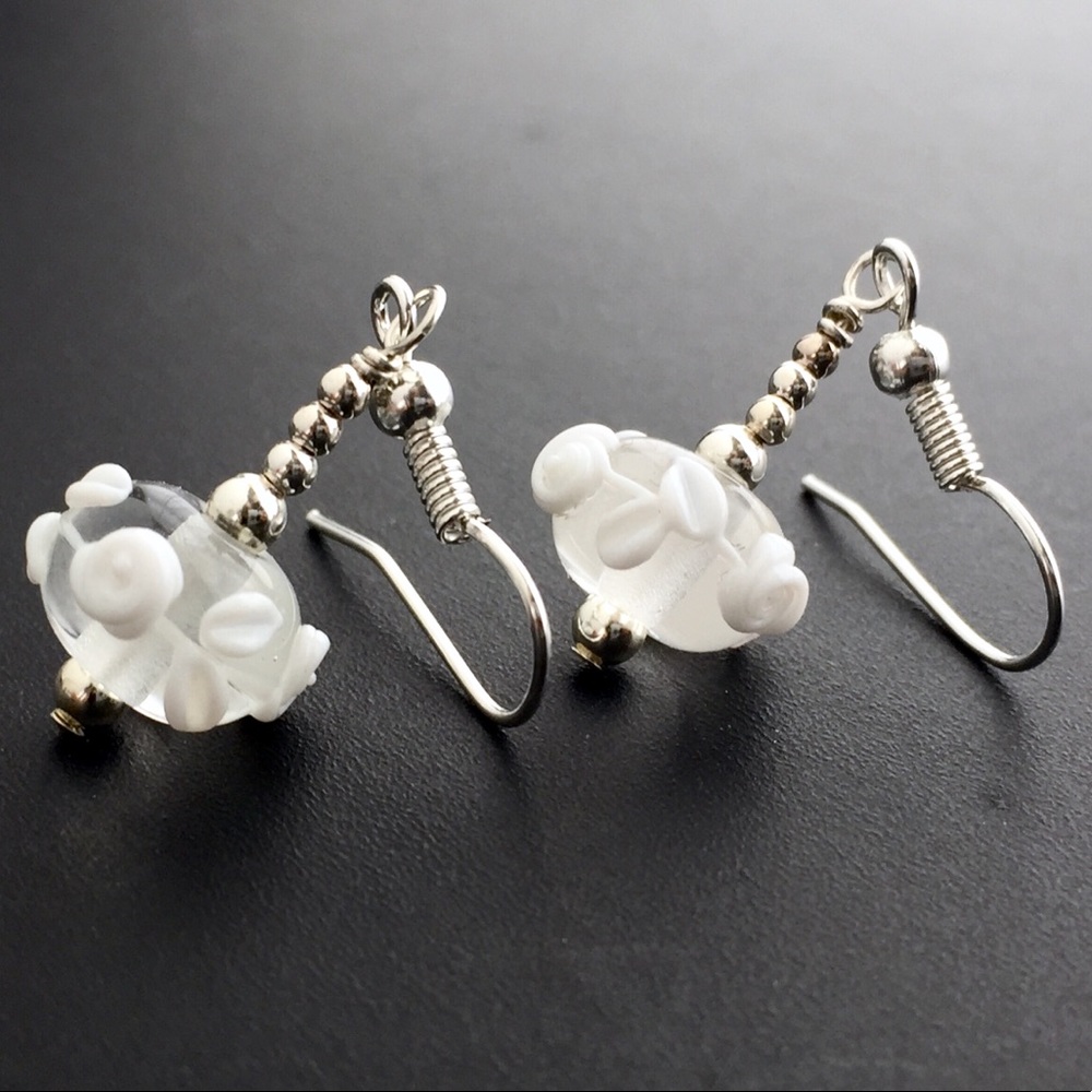 Give her Roses! Blown Glass Bridal Earrings White