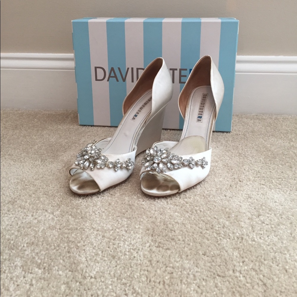 David Tutera white silk wedge crystal detail heels