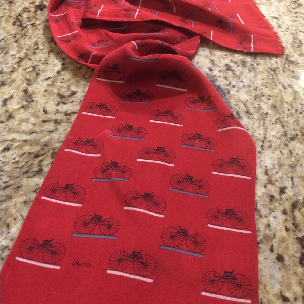 Vintage Urga red silk scarf w/ horseless carriages