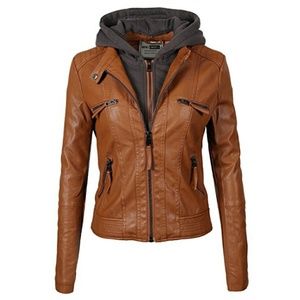 🥀LEATHER MOTO JACKET WITH DETACHABLE HOODIE