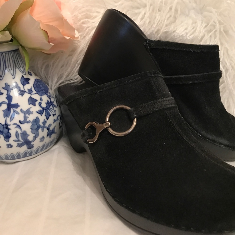 Black suede clogs
