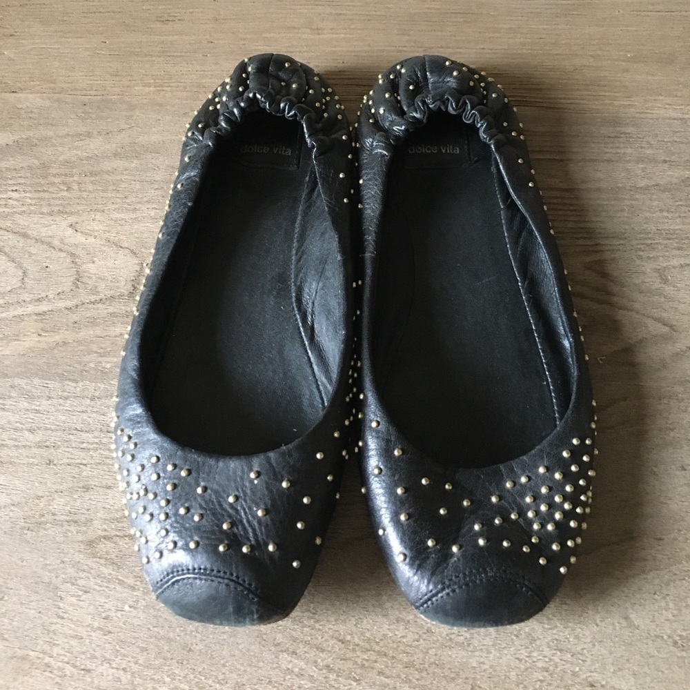 Dolce Vita Black & Gold Studded Ballet Flats, Sz 7
