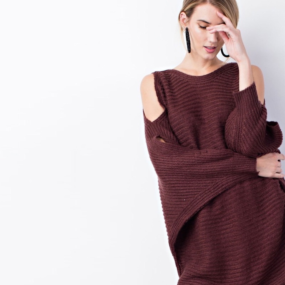 Chunky Knit Oversized Cold Shoulder Sweater - Picture 2 of 6