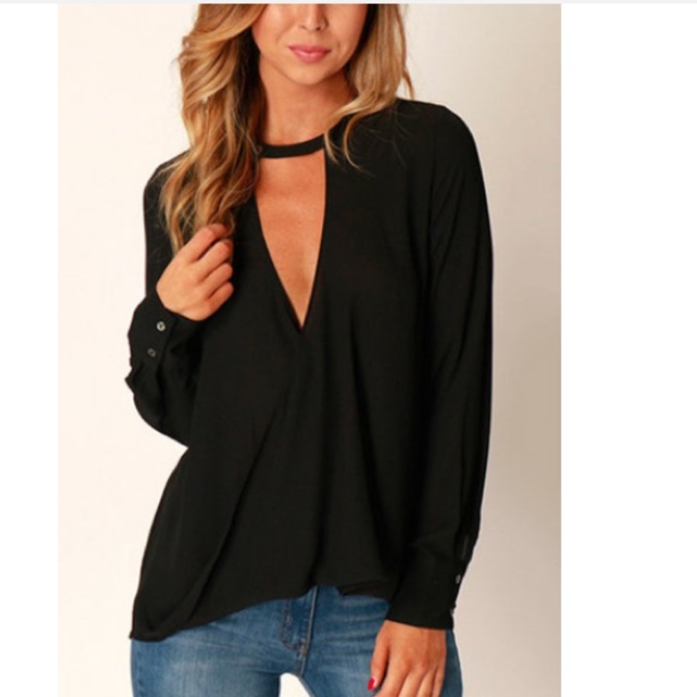 Black wrap V-neck blouse
