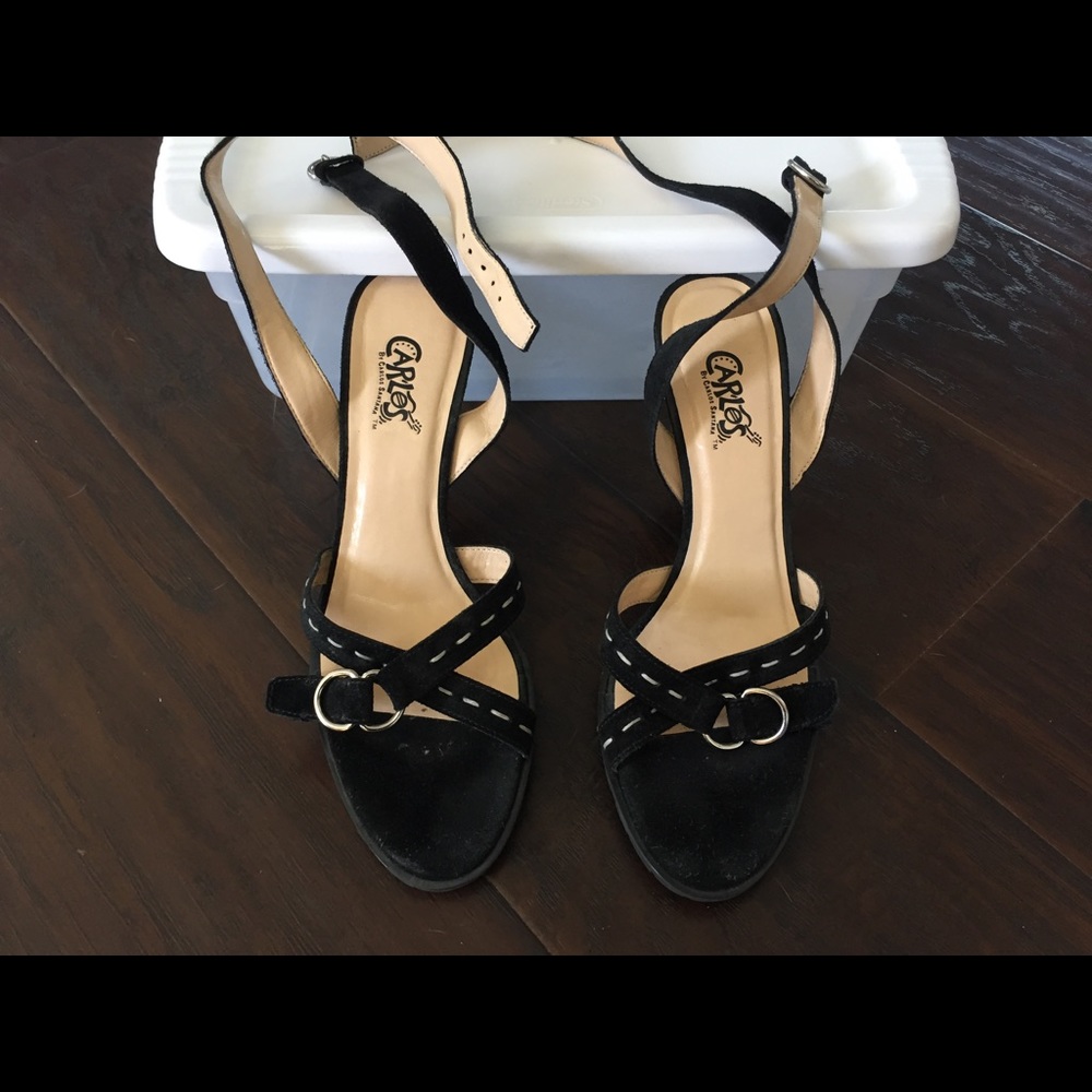 Black suede sandals with ivory stitching