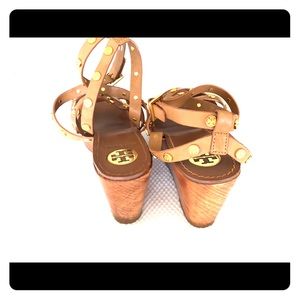 Tory Burch tan studded platform wedge sandals