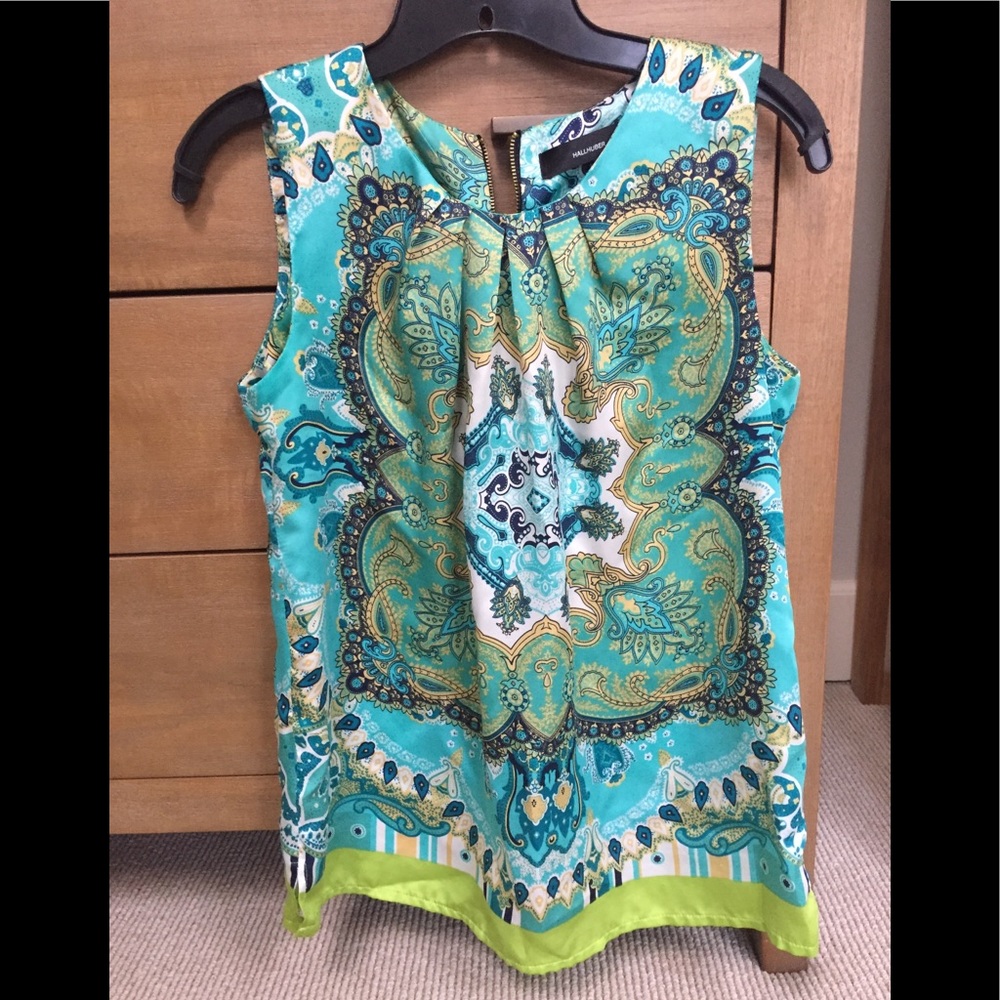 Designer blue green pattern top