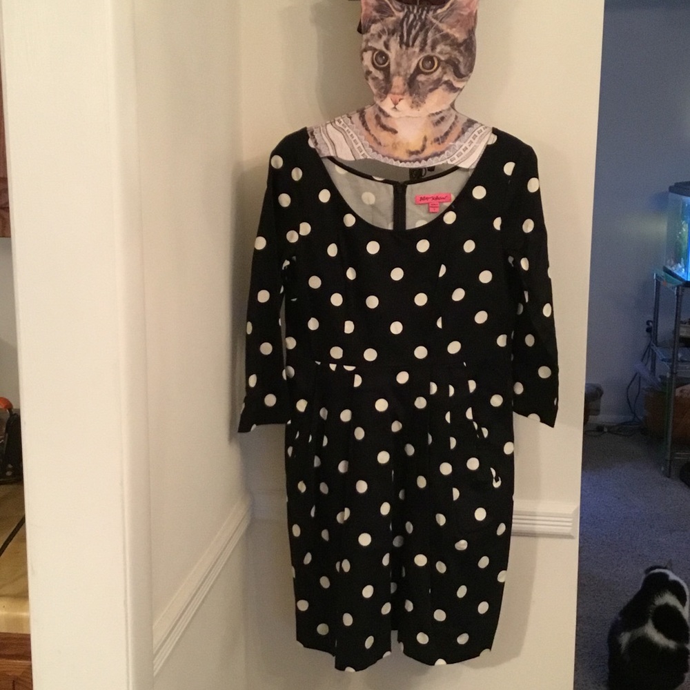 Black polka dot 3/4 sleeve Betsy Johnson dress.