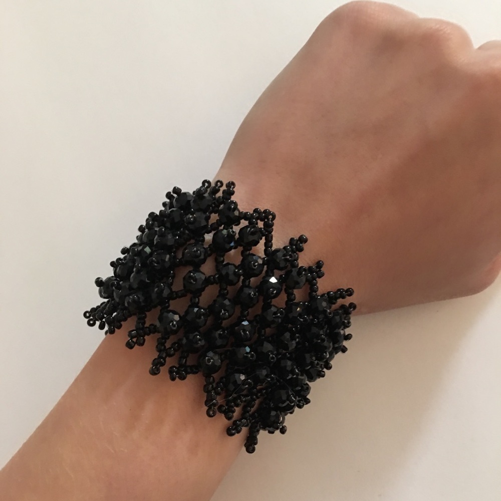 Black Beaded Beadwork Wide Bracelet