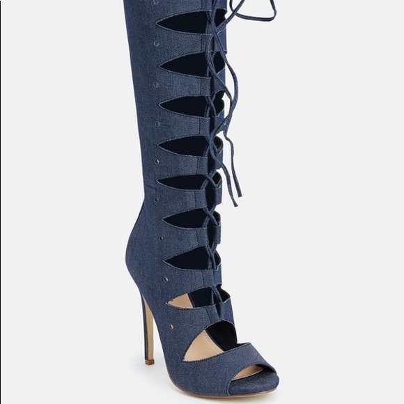 Denim Knee High Sandals - Picture 1 of 4