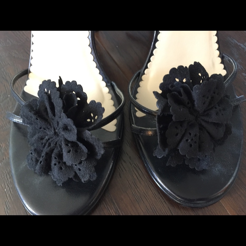 Black suede flower on leather heeled sandal