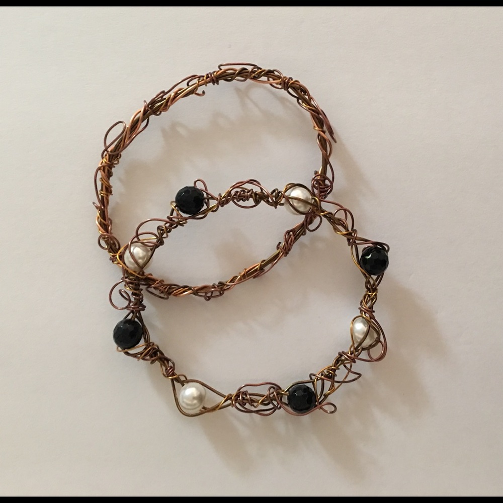 Two Copper Wire Wrap Bracelets, With Beads