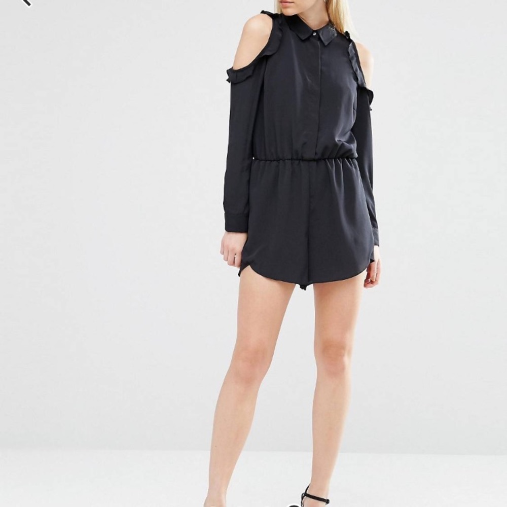 ASOS petite cold shoulder romper with ruffles