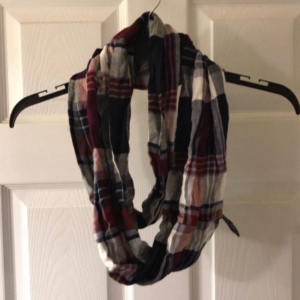 Navy maroon and white plaid infinity scarf