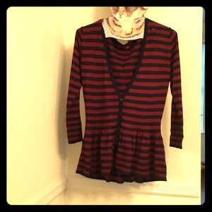 Cute maroon/navy striped cardigan with peplum