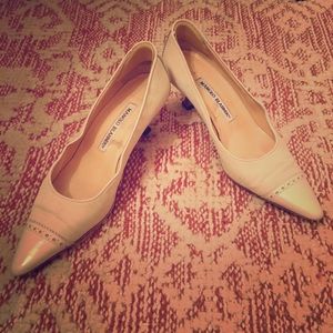 Manolo Blahnik Beige Kitten Heel Pumps