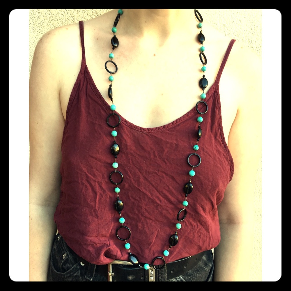 Black & Turquoise Beaded Double Length Necklace