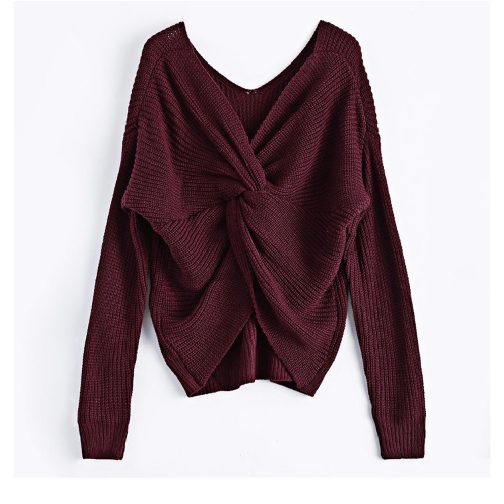 Rosegal V Neck Twisted Back Sweater - Burgundy