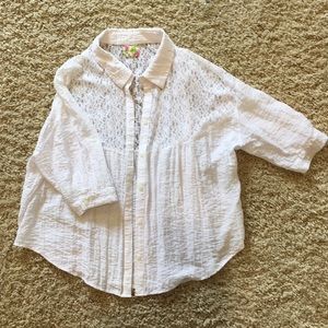 Free People-Boxy Crinkled Rayon/Lace Button-Up Top