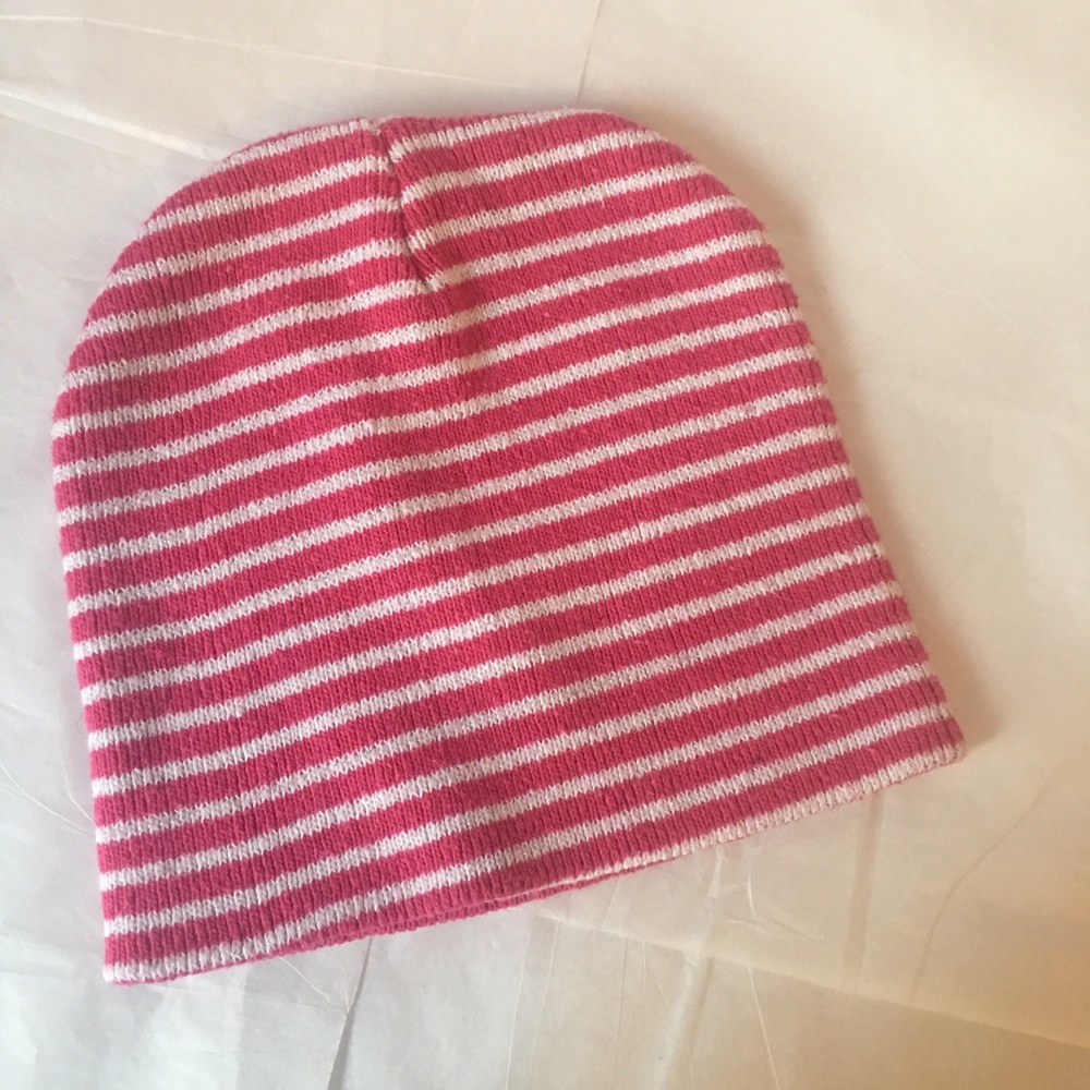 pink and white striped beanie
