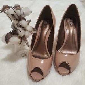 Victor Alfaro Nude Patent Leather Peep Toe Heels