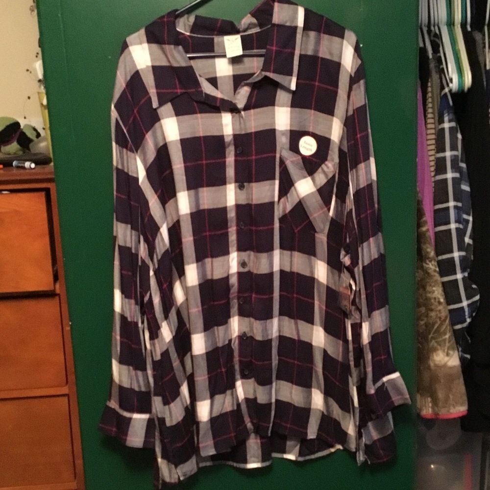 Faded glory button up plaid tunic pink navy blue