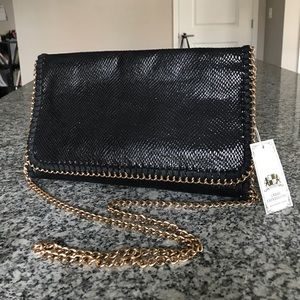 Black and gold clutch with gold strap