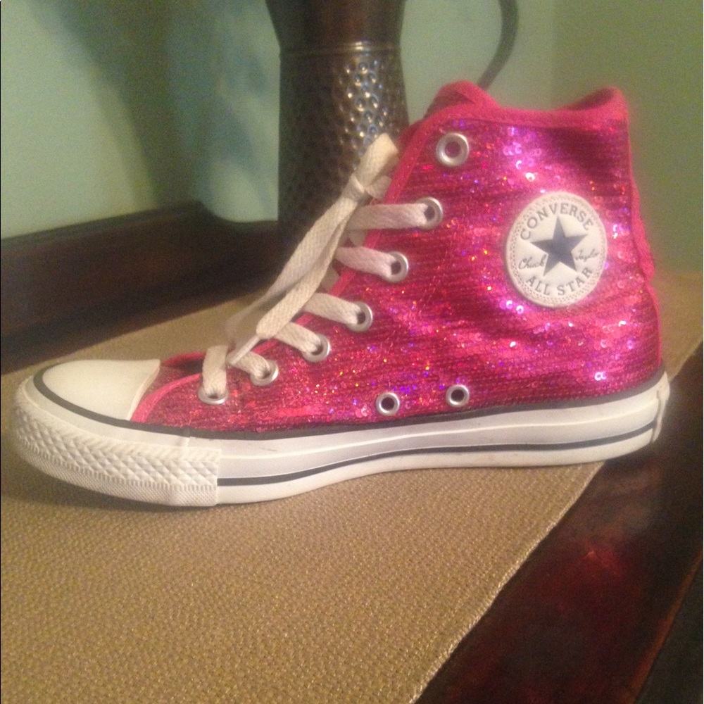 Hot pink sequin high top converse