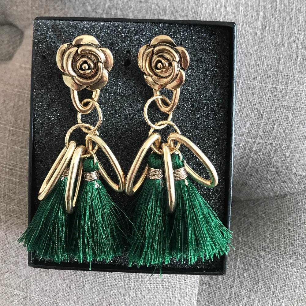 Green and gold tassel earrings