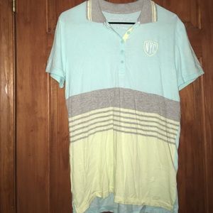 Light blue, green, and grey polo shirt