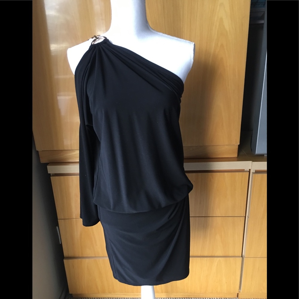 One shoulder Black Dress hides belly Sexy CACHE
