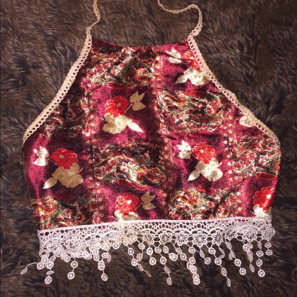 SOLD!! Velvet crop top halter with crochet trim