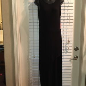 Asymmetrical low back black midi slip dress with