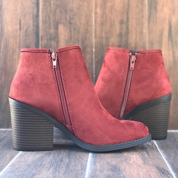 Rust Ruby Red Side Slit Block Heel Ankle Booties - Picture 5 of 8
