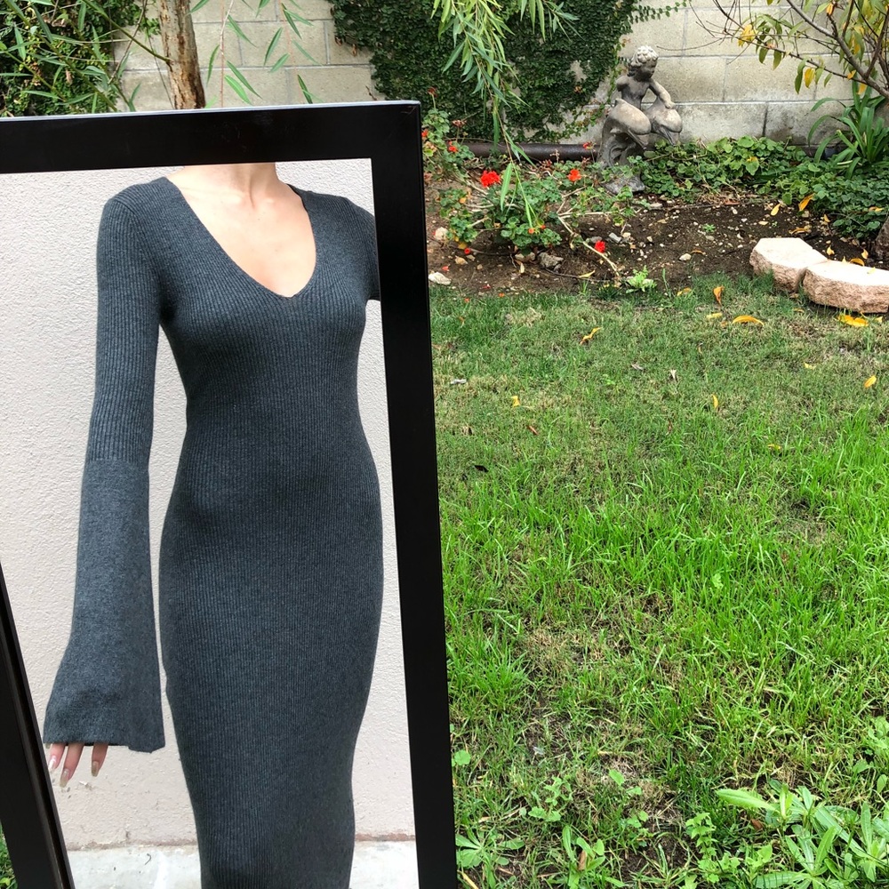 Grey Ribbed Bell Sleeve Dress