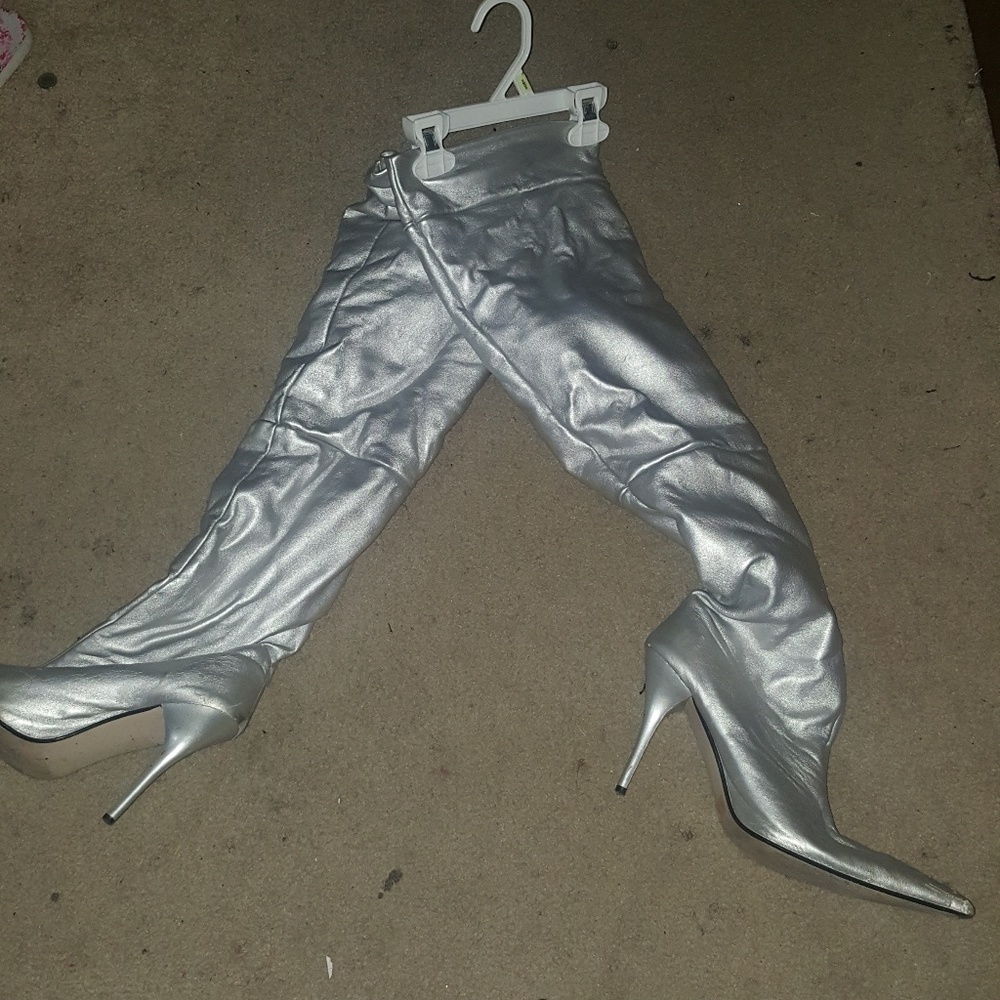 Silver thigh high stiletto boots